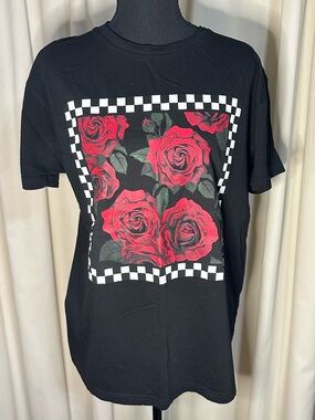 Black Short Sleeve Tee with Red Rose Graphic and Checkered Frame